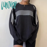 Lunivop Casual Black Patchwork Tops For Women Loose Long Sleeve O Neck Sweatshirt Autumn Y2K